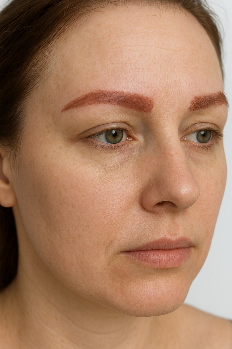 Before cosmetic tattoo removal - faded orange-toned eyebrow tattoo Melbourne